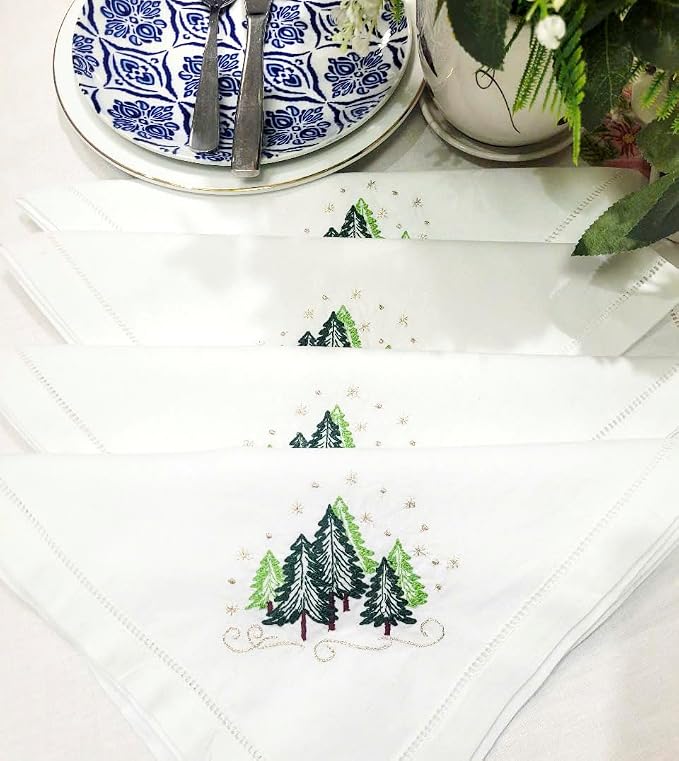 Embroidered Cloth Napkin Christmas Trees Cotton Napkins Set of 6, 20x20 Hemstitch Table Napkins Machine Washable, Daily & Christmas, Great Present Ideas - Image 2