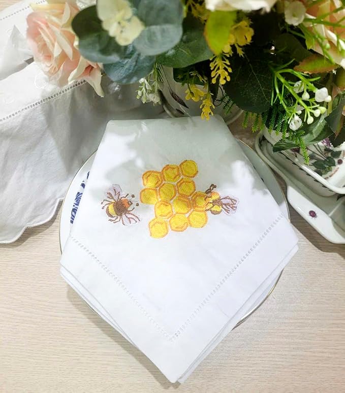 – Embroidered Cloth Napkins, Set of 6 – Yellow Bee & Hive Design – 20x20 Hemstitch Cotton Table Napkins – Machine Washable, Ideal for Daily Use, Weddings & Gifts - Image 3