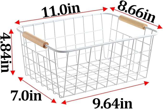 LeleCAT white wire baskets for organizing with Wooden Handles Storage Organizer Baskets, Household snack basket for Cabinets, Pantry, Closets, Bedrooms, pantry organizers and storage - Set of 2（White） - Image 2