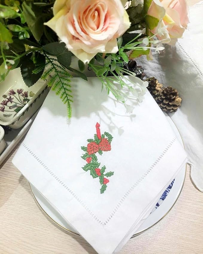Embroidered Cloth Napkin Strawberry Candle Holly Christmas Cotton Napkins Set of 6, 20 x 20 Hemstitch Table Napkins Machine Washable, Daily & Holidays, Great Gift Ideas - Image 6