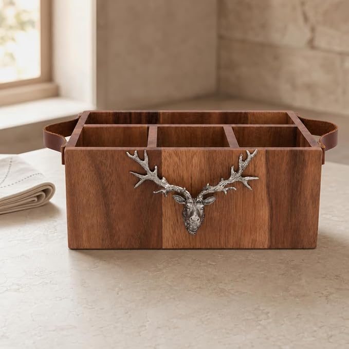 Elk Head Handles Wood Flatware Caddy with Pewter Accents - Rustic Utensil Organizer for Home Decor - 13" Long - Image 4
