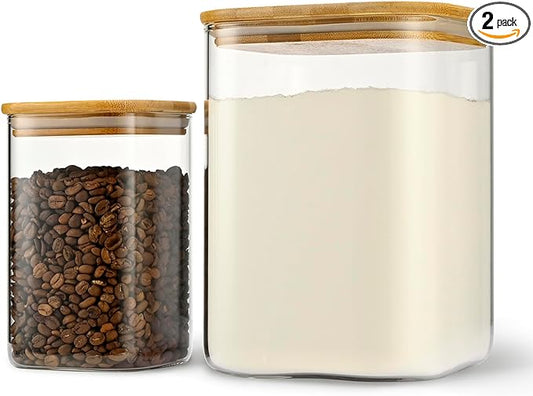 D2scrma 122oz 41oz Airtight Glass Square Storage Canister with Bamboo Lid Set of 2(3600ml*1 1200ml*1) Large Storage Container Gallon Glass Jars, for Sugar, Flour, and Coffee bean (with Black Lable) by Delicatedtoservicecustomer