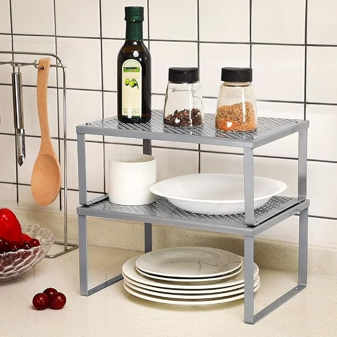 SONGMICS Spice Racks, Set of 2 Metal Cabinet Shelf Organizers, Countertop Organizers, Shelf Risers, Stackable, Expandable, Silver UKCS01SV (Pack of 2) - Image 7