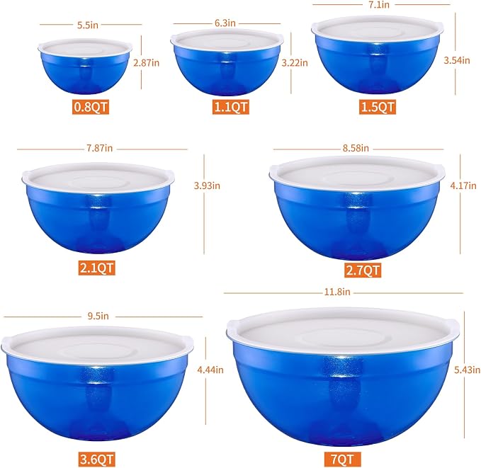 Blue Mixing Bowls with Lids Set of 7, Stainless Steel Nesting Bowl with Khaki Lid for Non-slip Mixing Prepping Storing Serving, 7 Sizes-7/3.6/2.7/2.1/1.5/1/0.8 QT - Image 2