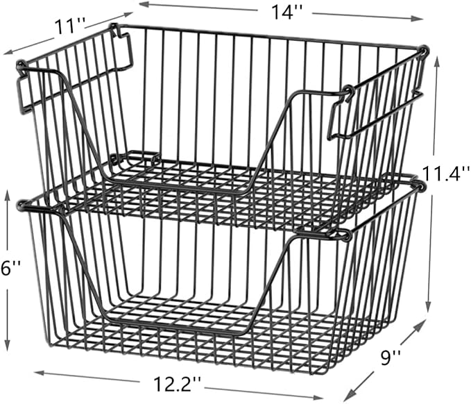 Slideep 14'' Black Stackable Storage Baskets Sturdy Metal Wire Freezer Bins Cabinet Organizer for Pantry Home Bathroom Kitchen Organization- Set of 2 - Image 2