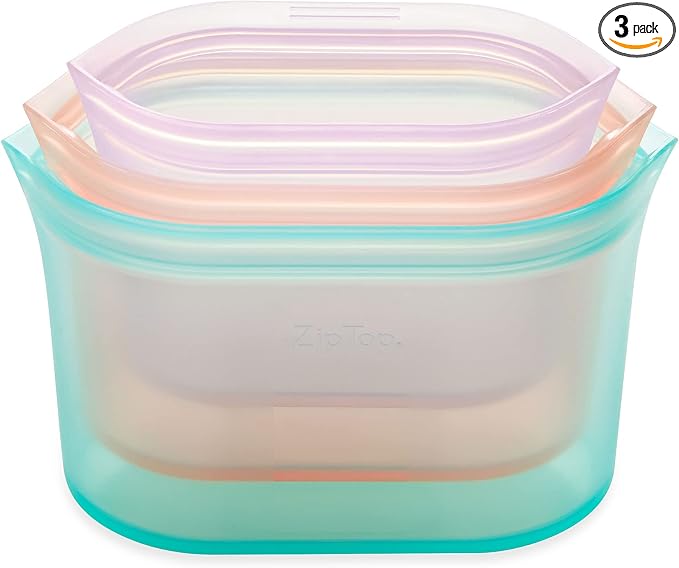 Zip Top Reusable Food Storage Bags | 3 Dish Set [Teal/Peach/Lavender] - Small, Medium, Large | Silicone Meal Prep Container | Microwave, Dishwasher and Freezer Safe | Made in the USA by ZipTop
