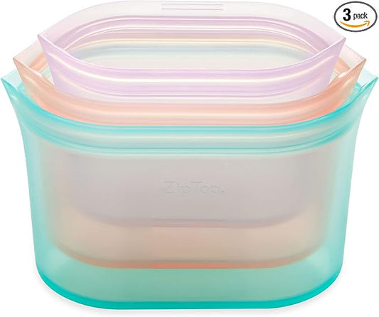 Zip Top Reusable Food Storage Bags | 3 Dish Set [Teal/Peach/Lavender] - Small, Medium, Large | Silicone Meal Prep Container | Microwave, Dishwasher and Freezer Safe | Made in the USA by ZipTop