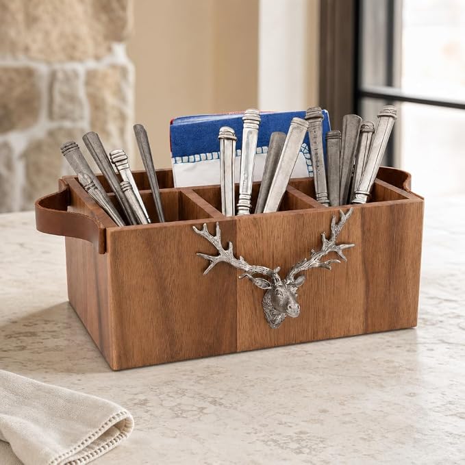 Elk Head Handles Wood Flatware Caddy with Pewter Accents - Rustic Utensil Organizer for Home Decor - 13" Long - Image 2