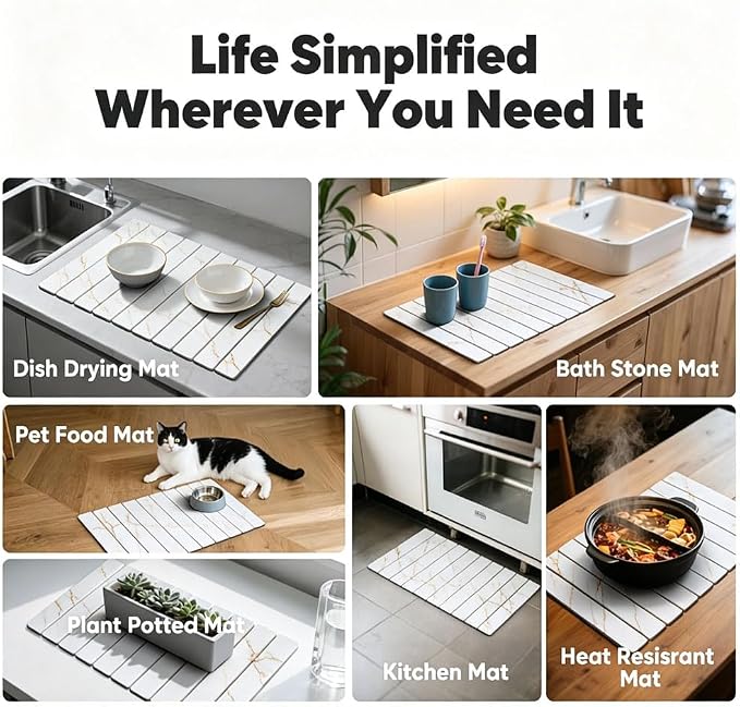 Stone Drying Mat for Kitchen Counter, Quick Diatomaceous Earth Mats for Dishes, 24"L x 16" W Super Absorbent Fast-Drying Collapsible Countertop Stone Mat (Marble Gold White, 24" x 16") - Image 6