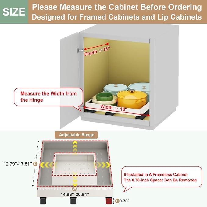 Fokyfok Pull out Cabinet Organizer,16"-21"W,13"-17"D,Expandable,Adhesive | No Drill,3 Rails,Roll out Drawers,Adjustable Slide out Shelves for Kitchen,Pantry,Framed and Framless Cabinets,White,1PC - Image 2