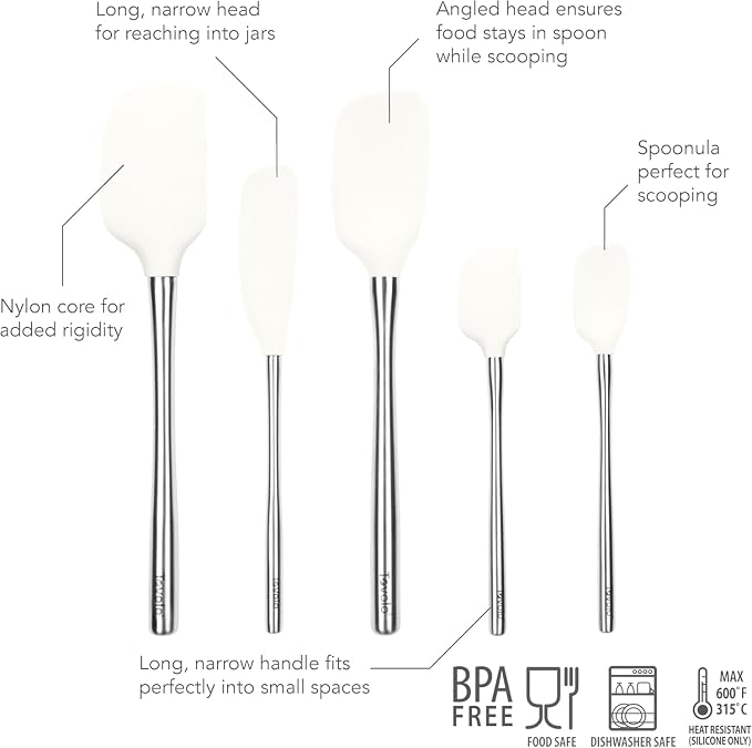 Tovolo Stainless Steel Handled Silicone Spatula Set of 5 White, Dishwasher Safe Kitchen Spatula Set for Cooking Baking, Non Toxic BPA Free Silicone Spatula set with Metal Steel Handle - Image 2