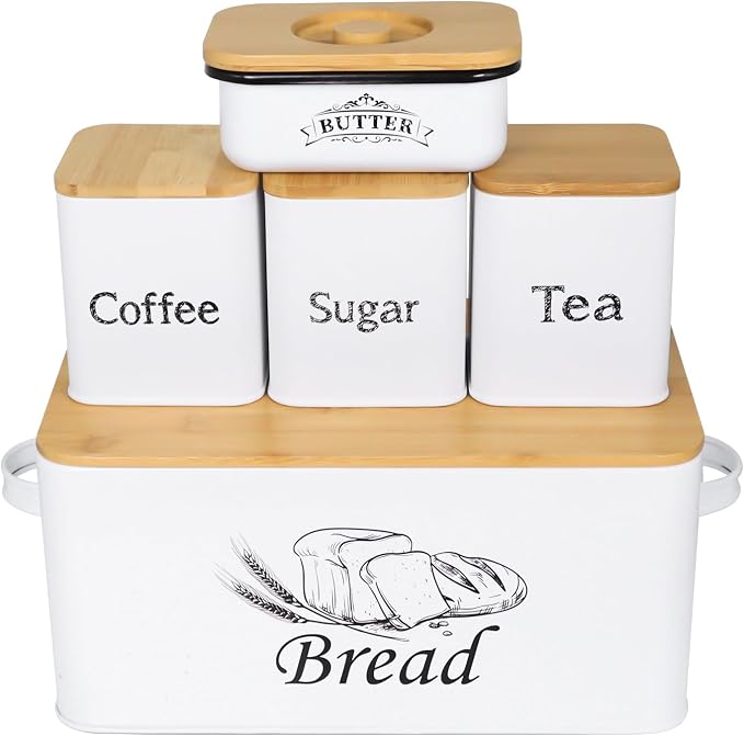 SOTECH Bread Box with 3pcs Jars Coffee Sugar Tea for Kitchen Countertop White Metal Bread Box with Bamboo Board Cover Pastry Storage Container Set Kitchen decor (bread box + jars + butter dish) - Image 7