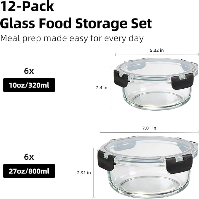 Konokyo 24 Pack Round Glass Food Storage Containers with Lids, 12 Pink + 12 Black, Airtight Leakproof Meal Prep Containers, BPA-Free, Microwave Oven Freezer & Dishwasher Safe - Image 5