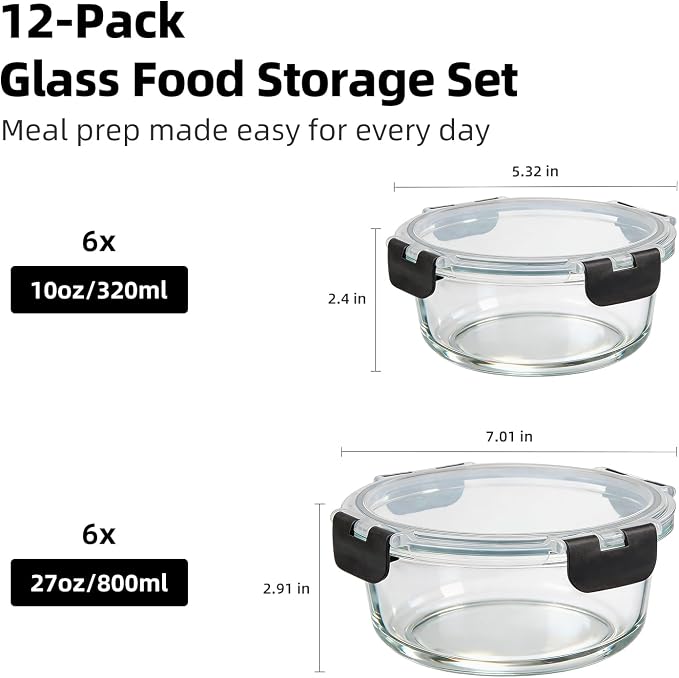 Konokyo Round Glass Food Storage Containers with Lids, Meal Prep, 12 Pack | Airtight Leakproof Meal Prep Containers, BPA-Free, Microwave Oven Freezer & Dishwasher Safe, Assorted Sizes - Image 3