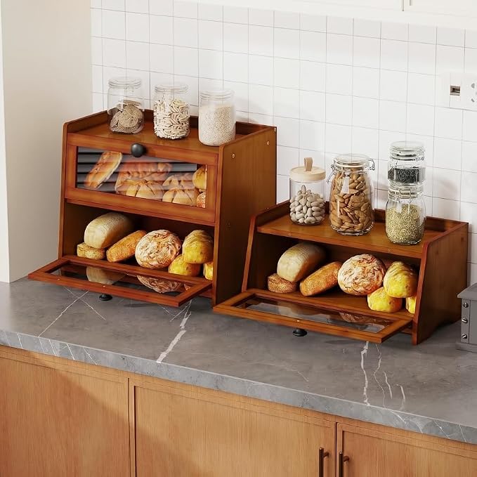 BAMBANG Bread Box for Kitchen Countertop, Bamboo Bread Box for Homemade Bread, Wooden Farmhouse Bread Storage Container, Large Breadbox Bread Bin Organizer for Counter Cabinet Pantry, Brown - Image 2