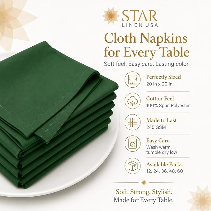 Green Cloth Napkins, 20 x 20 in, 48 Pack | Reusable spun polyester dinner napkins with cotton-like feel for restaurants, weddings and events - Image 2