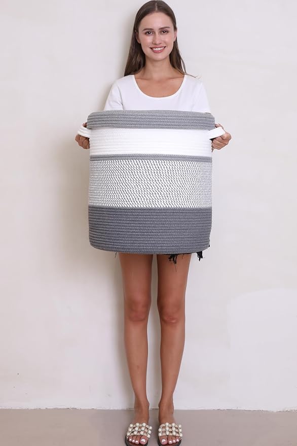 16" x 16" x 18" Extra Large Storage Basket with Lid, Cotton Rope Storage Baskets, Laundry Hamper, Cloth Bin, for Clothes Towels Blankets Pillows Storage in Living Room, White/Grey Mix/Dark Grey - Image 8
