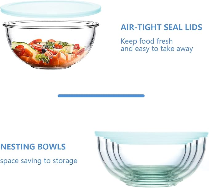 WhiteRhino 8 Piece Glass Bowls with Lids, Heat Resistant Glass Mixing Bowls Set (3.7QT, 2.1QT, 1.1QT, 0.53QT), Clear Salad Bowls with BAP-Free Lids for Kitchen, Oven Microwave Dishwasher Safe - Image 5
