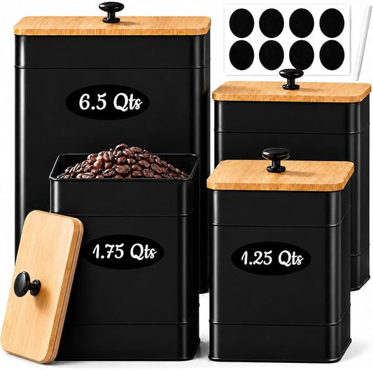 Kitchen Canister Set of 4, Black Airtight Metal Flour Sugar Containers | 4 Practical Capacities, Flat Bamboo Lids, Wide Openings, Reusable Chalkboard Labels & Marker, Countertop and Pantry Organized by Unknown