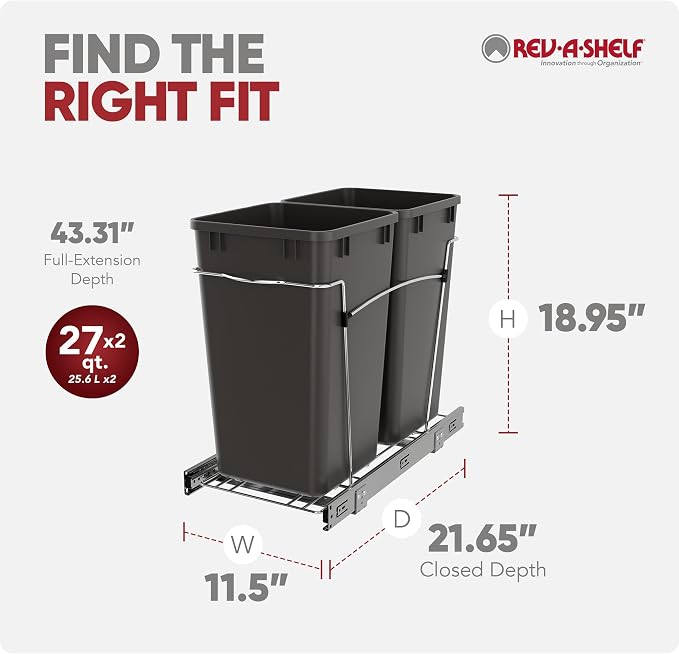 Rev-A-Shelf Double 27 Qt Pullout Trash Can for Base Kitchen Cabinets, Garbage Waste Bin System with Full Extension Slides, Min Opening Width of 11.5", Orion Gray, RV-15KD-13C-S - Image 3