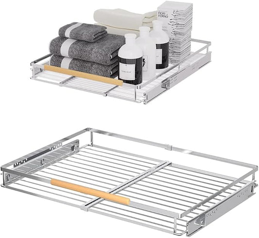 Expandable Sliding Basket, Pull-Out Cabinet Organizer, Heavy Duty Slide Out Pantry Shelves Sliding Drawer Storage for Kitchen, Under Sink, Wardrobe, 2 Pack Chrome 16.6''-27.8''W x 22''D by PerfectdesignforyourHOME