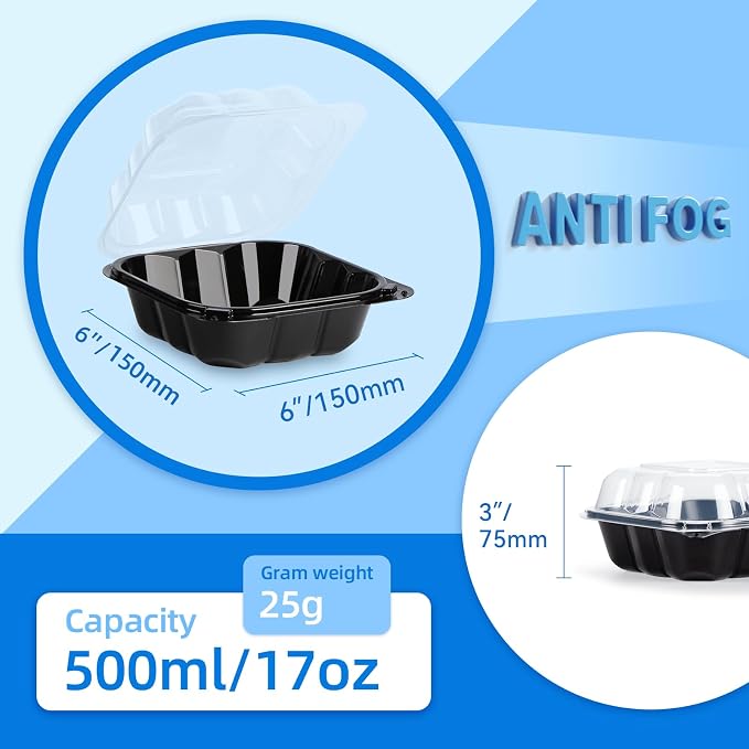 YANGRUI 55-Pack 17 oz 6" Black Clamshell Container, Shrink-Wrapped No Wash | Anti-Fog Crystal Lid, Leakproof BPA-Free PP, Microwave & Freezer Safe for Pastry, Sushi, Macarons & Burger Sliders - Image 3