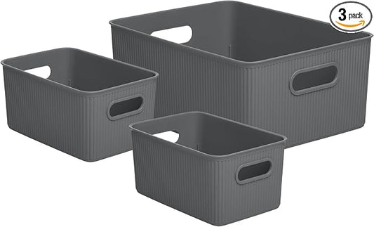 Superio Ribbed Collection - Decorative Plastic Basket Open Home Storage Bins Organizer, Grey (Set of 3) 1 Large, 2 Medium - Container Boxes for Organizing Closet Storage Bins for Shelves Drawer Shelf by Superio