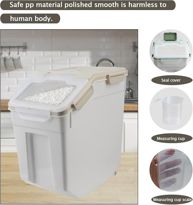 50 lb Flour Storage Container, 2 Pack Rice Storage Container with Measuring Cup/Wheels Seal Locking Lid for Flour, Rice, Grain, Cereal, Dry Food Dispenser Organizer Storage Bin (Grey) - Image 3