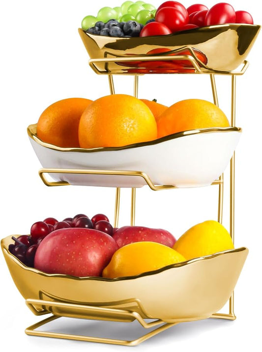 3 Tier Fruit Basket for Kitchen Counter, Detachable Ceramic Fruit Bowl Set with Metal Stand, Tiered Fruit Holder for Fruit Vegetable Snack Dessert Storage, Countertop Organizer for Home, Gold by YUNLINLI