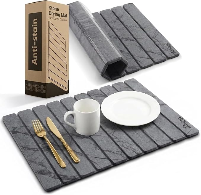 Stone Drying Mat for Kitchen Counter 24"x15" - Large Diatomite Dish Drying Mat, Kitchen Drying Stone, Super Absorbent Quick Dry, Foldable Heat Resistant, Dark Grey Marble by Unknown
