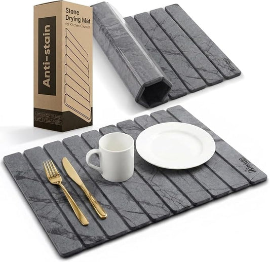 Stone Drying Mat for Kitchen Counter 24"x15" - Large Diatomite Dish Drying Mat, Kitchen Drying Stone, Super Absorbent Quick Dry, Foldable Heat Resistant, Dark Grey Marble by Unknown