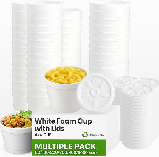4 oz Foam Cups with Lids – Insulated Disposable Styrofoam Cups with Lids for Hot or Cold Food & Drinks – 50 to 1000 Pack – Leak-Resistant, Made in USA (100, white, 4 oz) by Unknown