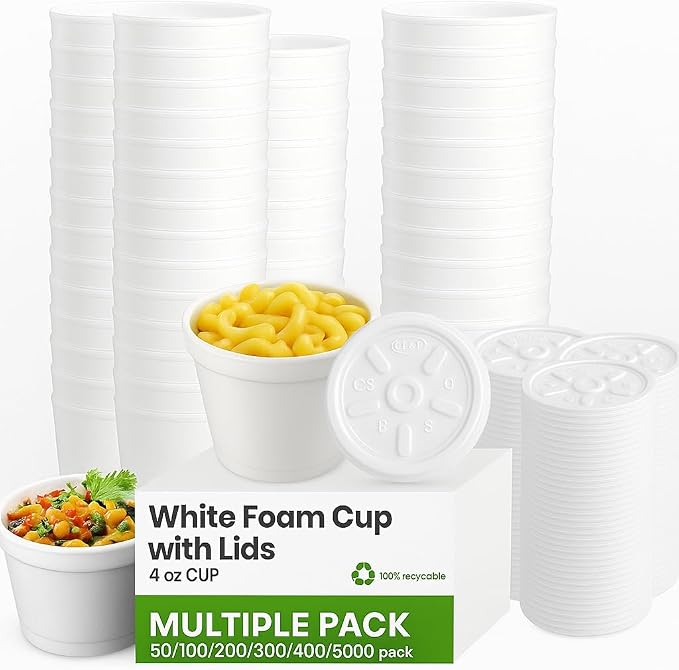 4 oz Foam Cups with Lids – Insulated Disposable Styrofoam Cups with Lids for Hot or Cold Food & Drinks – 50 to 1000 Pack – Leak-Resistant, Made in USA (50, white, 4 oz) by Unknown