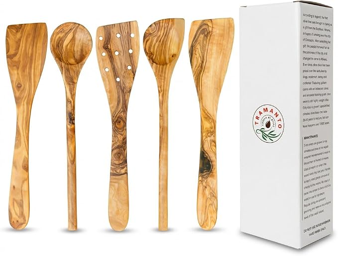 Tramanto Olive Wood Utensil Set - 5 Piece Spatula and Spoon Wooden Cooking Tools, 12 Inch Long, Rustic Hand Made with Gift Box by ThirteenChefs