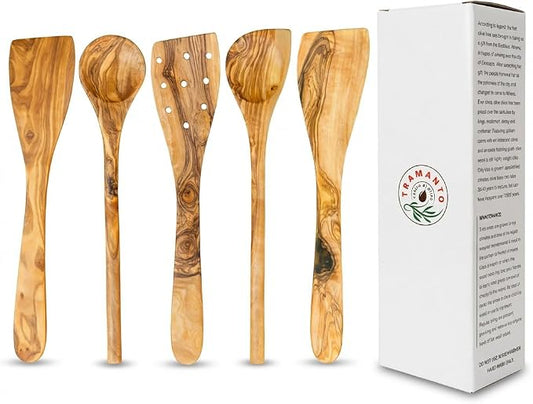 Tramanto Olive Wood Utensil Set - 5 Piece Spatula and Spoon Wooden Cooking Tools, 12 Inch Long, Rustic Hand Made with Gift Box by ThirteenChefs
