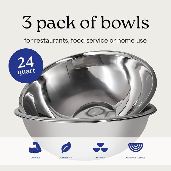 24 Quart Large Stainless Steel Mixing Bowls Set, 3-Pack, Nesting Bowls | Extra Large Commercial Grade Metal Bowls for Meal Prep, Baking, Serving, Food Storage. Rustproof & Dishwasher Safe - Image 4