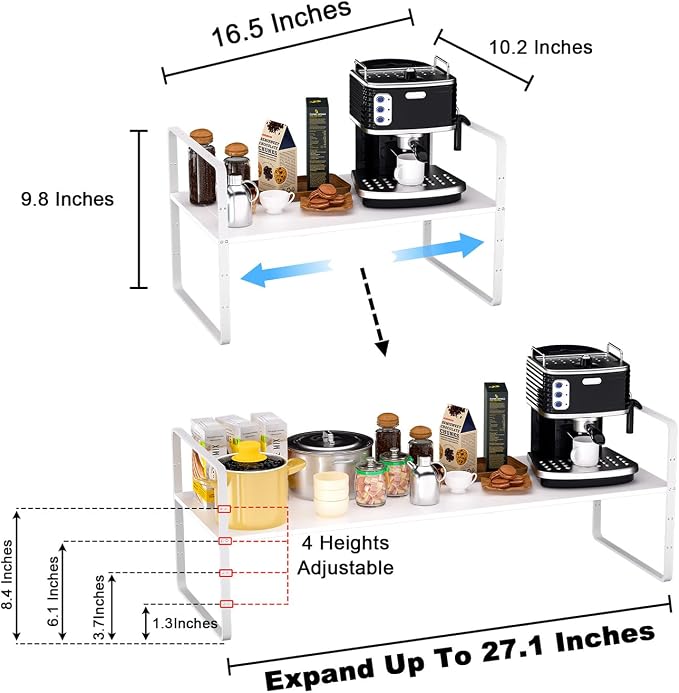 Expandable Kitchen Cabinet Shelf Organizers 2 Pack, Stackable Metal Pantry Storage Shelves Rack, Adjustable Counter Shelf for Cabinets, Countertop, Cupboard Organizers and Storage, White - Image 2