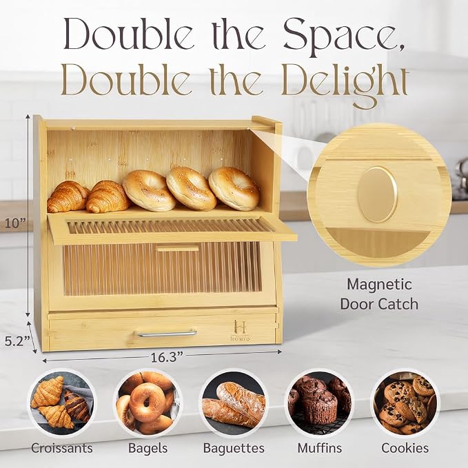 Bread Box for Kitchen Countertop - Bamboo Wood Breadbox with Knife Storage, Ventilation Holes - Farmhouse Loaf Organizer, Versatile 2 Layer Bread Storage Container for Snacks Mugs Spices - Image 4