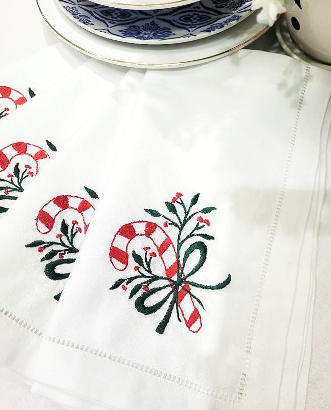 Embroidered Cloth Napkin Candy Cane Christmas Cotton Napkins Set of 6, 20x20 Hemstitch Table Napkins Machine Washable, Daily & Christmas, Great Present Ideas - Image 3