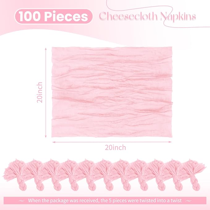 100 Pack Pink Cloth Napkins 20x20 Inch Cheesecloth Napkins | Elegant Cloth Napkins for Table, Washable Rustic Boho Gauze Napkins, for Wedding Party Bridal Baby Shower Dinner Table Decor - Image 2