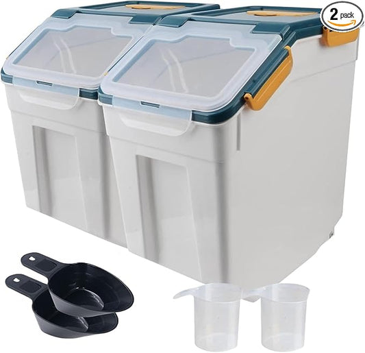 50lb Flour Storage Container with Lid, 2 Pack Large Airtight Rice Storage Container with Wheels, Measuring Cup, Scoop, for Sugar Grain Cereal Dry Food, Rice Dispenser, Pantry Organization (Dark Blue) by Mairuker