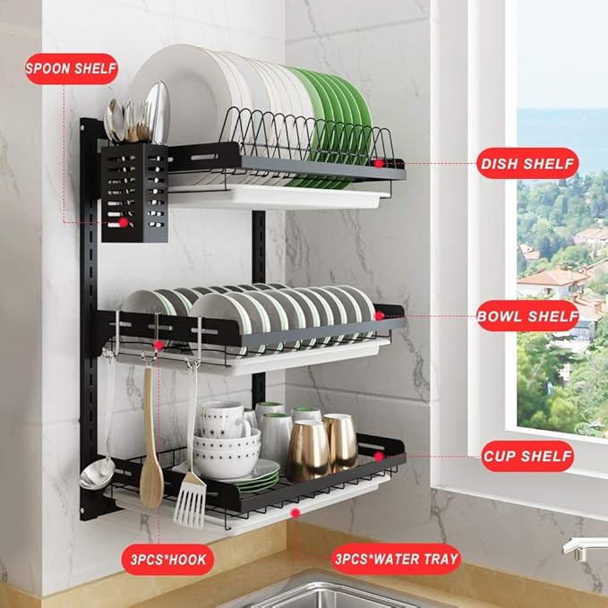 junyuan Hanging Dish Drying Rack Wall Mount,Dish Racks Drainer,3 Tier Kitchen Plate Organizer Storage Shelf with Drain Tray with 3 Hooks,Stainless Steel Black Large Ajustable Height - Image 2
