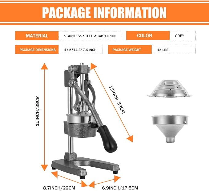 Commercial Heavy Duty Cast Iron Hand Press Manual Orange Citrus Lemon Lime Grapefruit Pomegranate Fruit Juice Squeezer Machine with Stainless Steel Cup Grey - Image 7