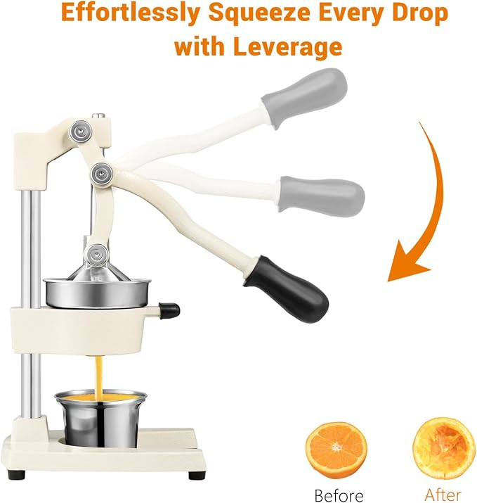 TONGCHANT Cast Iron Manual Juicer for Orange Lemon Lime Pomegranate &Citrus | Heavy Duty Orange Juicer Squeezer, Hand Press Juicer, Citrus Press, Stainless Steel Cup, Easy to Clean, White - Image 5