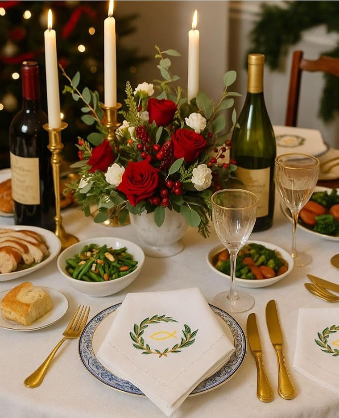 Embroidered Cotton Napkins Christmas 20x20 (Green Wreath) - Image 6