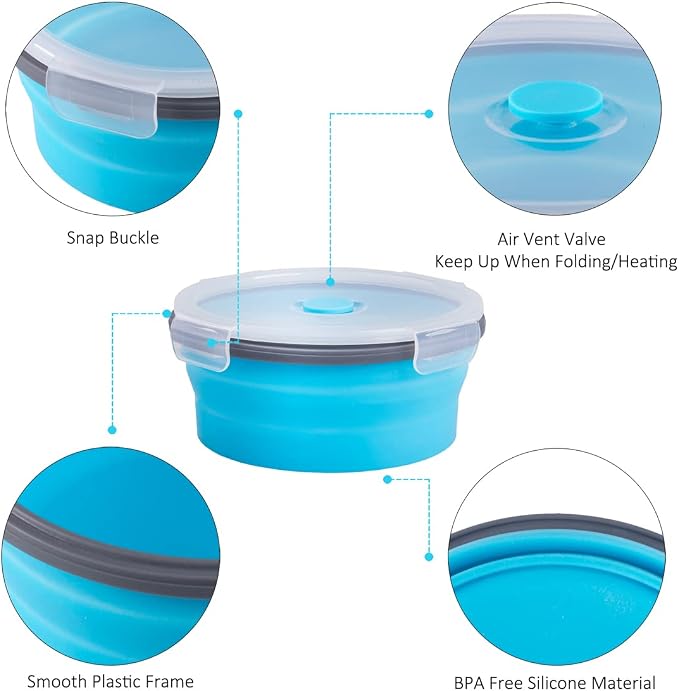 Collapsible Food Storage Containers Round with Airtight Lid, 27 oz, Kitchen Stacking Silicone Collapsible Meal Prep Container Set for Leftover, Microwave Freezer Dishwasher Safe, Blue, Set of 4 - Image 4