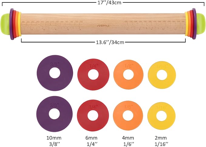 Rolling Pin with Thickness Rings for Baking,Fondant, Pizza, Pie Crust, Cookie, Pastry, Roller Rod for Dough Thickness, 13.6" Adjustable Wooden Rolling Pin with 4 Thickness Rings - Image 6