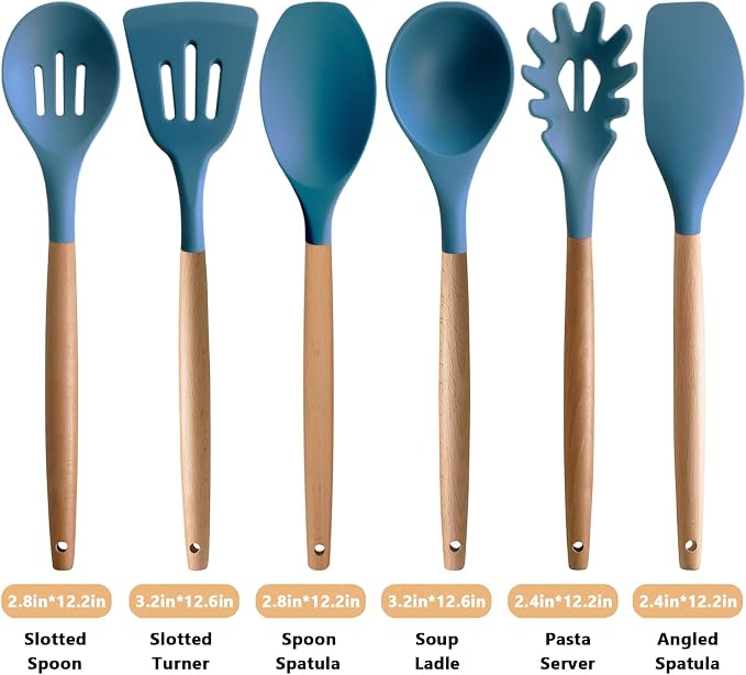 Silicone Cooking Utensils Set 6Pcs Heat Resistant Silicone Kitchen Utensils Set for Cooking Spatula Spoon Turner Ladle w Wooden Handle, BPA FREE Kitchen Gadgets for Nonstick Cookware & Baking - Image 3