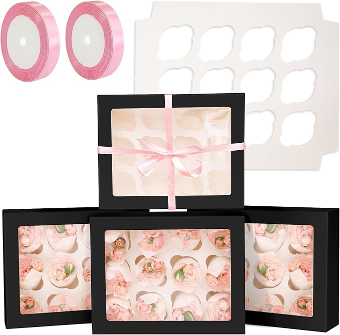 qiqee Auto-pop Up Cupcake Boxes with Window Black 40PCS 12 Count Cupcake Box 13"x10"x3.5" Cupcakes Carrier, 12 Cupcake Containers with 2 rolls of pink ribbons by Qiqee
