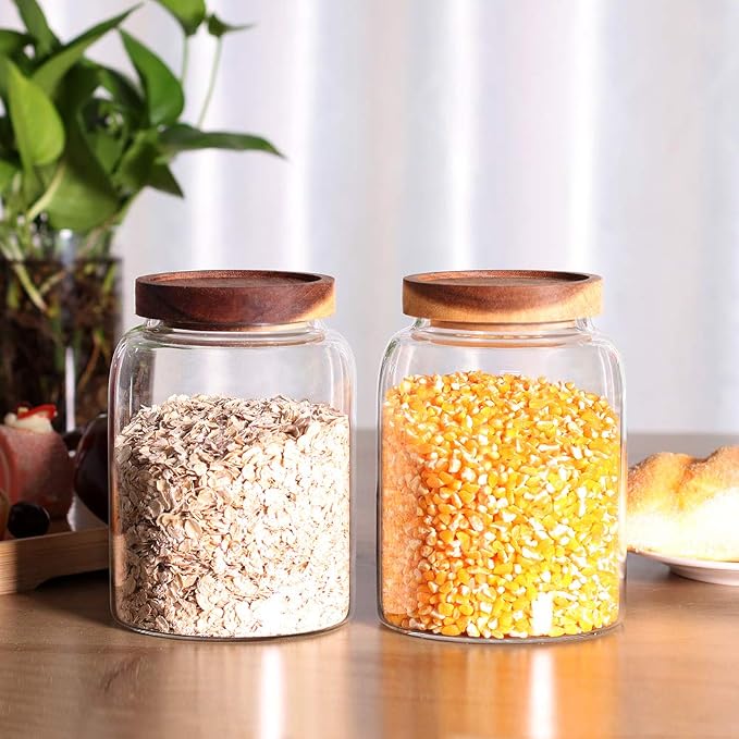 Glass Storage Jars with Airtight Lids, Set of 2 42 FL OZ (1250ml) coffee container with Wooden Lid, Glass Pantry Canister for Beans, Rice, Sugar and etc (6.3 inch high) - Image 4